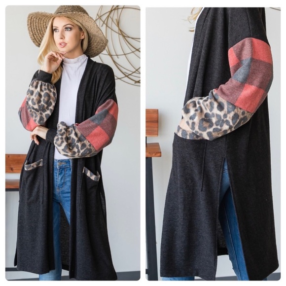 Sweaters - NEW Long Body Leopard & Buffalo Plaid Cardigan With Pockets